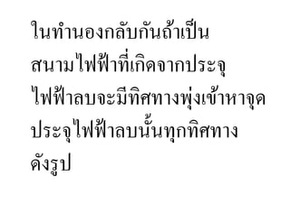 ั
ในทํานองกลับกนถ้าเป็ น
สนามไฟฟ้ าที,เกิดจากประจุ
                     ่
ไฟฟ้ าลบจะมีทิศทางพุงเข้าหาจุด
ประจุไฟฟ้ าลบนั:นทุกทิศทาง
ดังรู ป
 