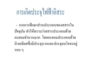 จากการศึกษาส่ วนประกอบของสสารใน
ปั จจุบน ทําให้ทราบว่าสสารประกอบด้วย
       ั
อะตอมจํานวนมาก โดยอะตอมประกอบด้วย
นิวเคลียสซึ, งมีประจุบวกและประจุลบโคจรอยู่
รอบ ๆ
 