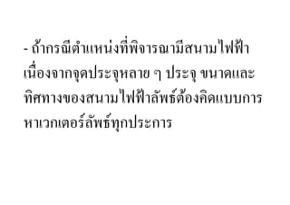ถ้ากรณี ตาแหน่งที,พิจารณามีสนามไฟฟ้ า
           ํ
เนื,องจากจุดประจุหลาย ๆ ประจุ ขนาดและ
ทิศทางของสนามไฟฟ้ าลัพธ์ตองคิดแบบการ
                            ้
หาเวกเตอร์ลพธ์ทุกประการ
             ั
 
