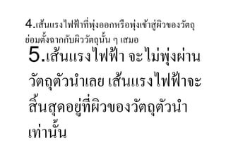 4.เส้นแรงไฟฟ้ าที,พงออกหรื อพุงเข้าสู่ผวของวัตถุ
                    ุ่          ่      ิ
ย่อมตั:งฉากกับผิววัตถุน: น ๆ เสมอ
                         ั
5.เส้นแรงไฟฟ้ า จะไม่พงผาน  ุ่ ่
วัตถุตวนําเลย เส้นแรงไฟฟ้ าจะ
         ั
            ่ ิ
สิ: นสุ ดอยูที,ผวของวัตถุตวนํา
                          ั
เท่านั:น
 