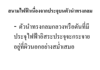 สนามไฟฟาเนืองจากประจุบนตัวนําทรงกลม
       ้

  - ตัวนําทรงกลมกลวงหรื อตันที,มี
  ประจุไฟฟ้ าอิสระประจุจะกระจาย
     ่ ิ
  อยูที,ผวนอกอย่างสมํ,าเสมอ
 