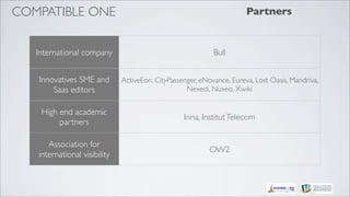 COMPATIBLE ONE                                                         Partners


   International company                                    Bull


   Innovatives SME and        ActiveEon, CityPassenger, eNovance, Eureva, Lost Oasis, Mandriva,
       Saas editors                                Nexedi, Nuxeo, Xwiki


    High end academic
                                                  Inria, Institut Telecom
         partners

      Association for
                                                           OW2
   international visibility
 