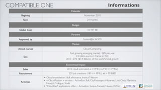 COMPATIBLE ONE                                                                       Informations
                                               Calendar
     Begining                                               November 2010
       Term                                                    24 months

                                                Budget
    Global Cost                                                10 447 K€
                                               Partners
   Approved by                                             System@tic & SCS
                                                Market
   Aimed market                                            Cloud Computing
                                             Fast growing emerging market : 26% per year
       Size                                        2,5 billion euros in France in 2011
                                          2013 : 27% ($7.4 Billions) of the world's total growth

                                          Economical Impact
       Sales                               2013: result estimated at 74 M€ (26 M€ => PMEs)
    Recruitment                             220 job creations (180 => PMEs) et > 90 R&D
                  •   Cloud exploitation : Bull, eNovance, Institut Télécom
     Activities
                  •   « Cloudiﬁcation » services : ActiveEon, Bull, CityPassanger, eNovance, Lost Oasis, Mandriva,
                      Nexedi, Prologue, Xwiki
                  •   "Cloudiﬁed" applications offers : ActiveEon, Eureva, Nexedi, Nuxeo, XWiki
 