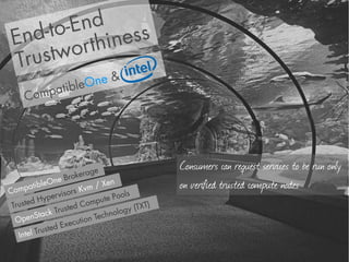 -End ss
    d-to hine
 En        or t
 Tr u st w
               One &
         atible
     Comp




                           ge
                                                 Consumers can request services to be run only
                 e Brokera
Comp
       atib leOn
                        Kvm
                             / Xen               on verified trusted compute nodes
               rv isors                ls
       d  Hype              mpu te Poo
 Truste                d Co                XT)
              kT ruste             ology (T
  Ope  nStac             ion Techn
                  Execut
          rusted
   Intel T
 