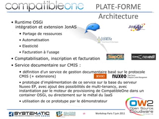 PLATE-FORME
                                                Architecture
• Runtime OSGi 
  intégration et extension JonAS 
    • Partage de ressources
    • Automatisation
    • Elasticité
    • Facturation à l'usage
• Comptabilisation, inscription et facturation
• Service documentaire sur CMIS :
    • définition d'un service de gestion documentaire basé sur le protocole
    CMIS (+ extensions)
    • prototype d'implémentation de ce service sur la base du serveur
    Nuxeo EP, avec ajout des possibilités de multi-tenancy, avec
    instantiation par le moteur de provisioning de CompatibleOne dans un
    container OSGi, ou directement sur le métal du IaaS
    • utilisation de ce prototype par le démonstrateur


                                        15     Workshop Paris 7 juin 2011
 