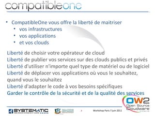 • CompatibleOne vous offre la liberté de maitriser
   • vos infrastructures
   • vos applications
   • et vos clouds
Liberté de choisir votre opérateur de cloud
Liberté de publier vos services sur des clouds publics et privés
Liberté d'utiliser n'importe quel type de matériel ou de logiciel
Liberté de déplacer vos applications où vous le souhaitez,
quand vous le souhaitez
Liberté d'adapter le code à vos besoins spécifiques
Garder le contrôle de la sécurité et de la qualité des services

                                 3     Workshop Paris 7 juin 2011
 