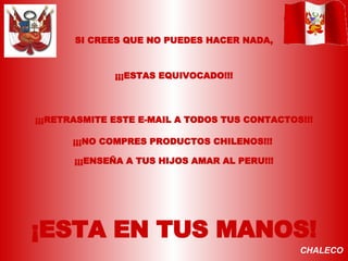 SI CREES QUE NO PUEDES HACER NADA, ¡¡¡ESTAS EQUIVOCADO!!! ¡¡¡RETRASMITE ESTE E-MAIL A TODOS TUS CONTACTOS!!! ¡¡¡ENSEÑA A TUS HIJOS AMAR AL PERU!!! ¡ESTA EN TUS MANOS! ¡¡¡NO COMPRES PRODUCTOS CHILENOS!!! CHALECO 