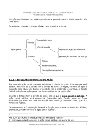 CURSOS ON-LINE – DIR. PENAL – CURSO BÁSICO
                         PROFESSOR JÚLIO MARQUETI

atenção aos titulares das ações penais para, posteriormente, tratarmos de cada
uma delas.

No entanto, observe o quadro abaixo para visualizar o tema.




                              Incondicionada
                    Pública

                              Condicionada
    Ação penal                                       Representação do ofendido


                    Privada                          Requisição Ministro da Justiça

                                   Típica

                                   Personalíssima.

                                   Subsidiária da pública.



5.2.1 – TITULARES DO DIREITO DE AÇÃO.

Por meio da ação penal busca-se satisfazer o direito de punir. Este sempre será
estatal. Portanto, só o Estado tem o direito de punir. De regra, o direito de ação é
exercido pelo titular do direito pretendido. Se a pretensão é punitiva, o Estado
deterá o direito de ação penal que busca satisfazer tal pretensão.

Quando o Estado tem o direito de ação, diz-se que a ação penal é pública. A
ação penal pública será promovida (exercida) pelo Estado junto ao Poder
Judiciário por meio de uma instituição que muito já ouvimos falar, que é o
Ministério Público.

De acordo com a Constituição Federal, é função institucional do Ministério Público,
promover, privativamente, a ação penal pública3.

3

Art. 129. São funções institucionais do Ministério Público:
I - promover, privativamente, a ação penal pública, na forma da lei;

                      www.pontodosconcursos.com.br                                3
 