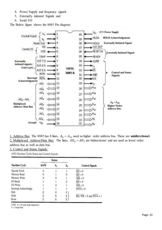 Page:13
4. Power Supply and frequency signals
5. Externally initiated Signals and
6. Serial I/O
The Below figure shows the 8085 Pin diagram.
1. Address Bus: The 8085 has 8 lines, 𝐴8 − 𝐴15 used as higher order address bus. These are unidirectional.
2. Multiplexed Address/Data Bus: The lines, 𝐴𝐷0 − 𝐴𝐷7 are bidirectional and are used as lower order
address bus as well as data bus.
3. Control and Status Signals:
 