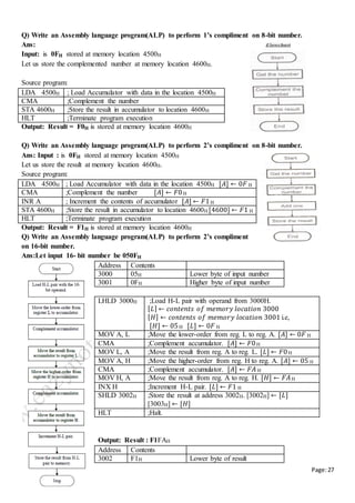 Page:27
Q) Write an Assembly language program(ALP) to perform 1’s compliment on 8-bit number.
Ans:
Input: is 0FH stored at memory location 4500H
Let us store the complemented number at memory location 4600H.
Source program:
LDA 4500H ; Load Accumulator with data in the location 4500H
CMA ;Complement the number
STA 4600H ;Store the result in accumulator to location 4600H
HLT ;Terminate program execution
Output: Result = F0H is stored at memory location 4600H
Q) Write an Assembly language program(ALP) to perform 2’s compliment on 8-bit number.
Ans: Input : is 0FH stored at memory location 4500H
Let us store the result at memory location 4600H.
Source program:
LDA 4500H ; Load Accumulator with data in the location 4500H [𝐴] ← 0𝐹 H
CMA ;Complement the number [𝐴] ← 𝐹0H
INR A ; Increment the contents of accumulator [𝐴] ← 𝐹1H
STA 4600H ;Store the result in accumulator to location 4600H [4600] ← 𝐹1 H
HLT ;Terminate program execution
Output: Result = F1H is stored at memory location 4600H
Q) Write an Assembly language program(ALP) to perform 2’s compliment
on 16-bit number.
Ans:Let input 16- bit number be 050FH
Address Contents
3000 05H Lower byte of input number
3001 0FH Higher byte of input number
LHLD 3000H ;Load H-L pair with operand from 3000H.
[ 𝐿] ← 𝑐𝑜𝑛𝑡𝑒𝑛𝑡𝑠 𝑜𝑓 𝑚𝑒𝑚𝑜𝑟𝑦 𝑙𝑜𝑐𝑎𝑡𝑖𝑜𝑛 3000
[ 𝐻] ← 𝑐𝑜𝑛𝑡𝑒𝑛𝑡𝑠 𝑜𝑓 𝑚𝑒𝑚𝑜𝑟𝑦 𝑙𝑜𝑐𝑎𝑡𝑖𝑜𝑛 3001 i.e,
[𝐻] ← 05H [𝐿] ← 0𝐹 H
MOV A, L ;Move the lower-order from reg. L to reg. A. [𝐴] ← 0𝐹 H
CMA ;Complement accumulator. [𝐴] ← 𝐹0H
MOV L, A ;Move the result from reg. A to reg. L. [𝐿] ← 𝐹0H
MOV A, H ;Move the higher-order from reg. H to reg. A. [𝐴] ← 05 H
CMA ;Complement accumulator. [𝐴] ← 𝐹𝐴 H
MOV H, A ;Move the result from reg. A to reg. H. [𝐻] ← 𝐹𝐴H
INX H ;Increment H-L pair. [𝐿] ← 𝐹1 H
SHLD 3002H ;Store the result at address 3002H. [3002H] ← [𝐿]
[3003H] ← [𝐻]
HLT ;Halt.
Output: Result : F1FAH
Address Contents
3002 F1H Lower byte of result
 