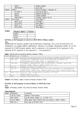 Page:37
INR E update quotient
JMP STEP 1 go to step 1
STEP2: CMP C Check if number < Decimal 10
JC STEP 3 if yes go to step 3
SUB C Subtract decimal 10
INR D Update quotient
JMP STEP 2 Continue division by 10
STEP3: STA 6100H Store Digit 0
MOV A, D Get Digit 1
STA 6101H Store Digit 1
MOV A, E Get Digit 2
STA 6102H Store Digit 2
Output:
Q) Write an ALP program to convert a ASCII HEX to Binary number
Ans:
ASCII stands for American standard code for information interchange. It is a seven bit code and its 128
combinations are assigned different alphanumeric characters. For example: Hexadecimal number 30 H to 39H
represent 0 to 9 ASCII decimal numbers and 41H represents A, 42H represents B, 43H represents C, 44H
represents D, 45H represents E, 46H represents F .....5AH represents Z.
input: ASCII code 41H stored in memory location C200H
Label Mnemonics Comment
LDA C200H ;Load the accumulator with binary number A=0100 0001
SUI 30H ;Subtract immediate data 30H from the contents of
accumulator A= 0001 0001 = (decimal 11)
CPI 0AH ;Compare immediately the accumulator content with 0AH
Since (0001 0001)> (0000 1010) CY = 0
JC ST Jump if carry to label ST
SUI 07 ;Subtract immediate data 07H the contents of accumulator
0001 0001 -0000 0111 =0001 0001+1111 1001 =0000 1010= 0AH
ST: STA C202H ;Store the accumulator content at C202H
Here result = 0AH
HLT ;Halt the execution
Output: 0AH (binary output ) stored at memory location C202H
Q) Write an ALP program to convert Binary to ASCII Hex Code
Ans:
Input: 8-bit binary number 9AH stored at memory location 4050H
Main Program:
Label Mnemonics Comments
LXI SP, 4100H Initialize Stack pointer
LDA 4050H Get the binary number i.e, A=1001 1111
LXI D, 4060H Point index where ASCII code to be stored i.e, [DE] ←4060H
MOV B, A Save byte in B=1001 1010
Memory address Content
6100H
6101H
6102H
 
