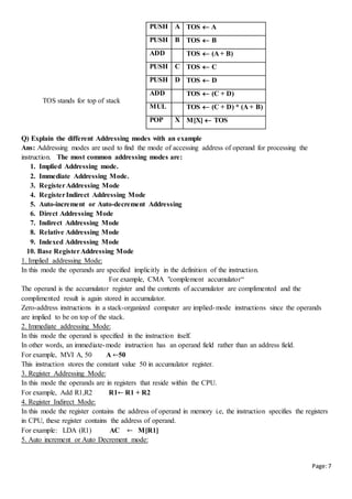 Page:7
TOS stands for top of stack
Q) Explain the different Addressing modes with an example
Ans: Addressing modes are used to find the mode of accessing address of operand for processing the
instruction. The most common addressing modes are:
1. Implied Addressing mode.
2. Immediate Addressing Mode.
3. RegisterAddressing Mode
4. RegisterIndirect Addressing Mode
5. Auto-increment or Auto-decrement Addressing
6. Direct Addressing Mode
7. Indirect Addressing Mode
8. Relative Addressing Mode
9. Indexed Addressing Mode
10. Base RegisterAddressing Mode
1. Implied addressing Mode:
In this mode the operands are specified implicitly in the definition of the instruction.
For example, CMA "complement accumulator“
The operand is the accumulator register and the contents of accumulator are complimented and the
complimented result is again stored in accumulator.
Zero-address instructions in a stack-organized computer are implied-mode instructions since the operands
are implied to be on top of the stack.
2. Immediate addressing Mode:
In this mode the operand is specified in the instruction itself.
In other words, an immediate-mode instruction has an operand field rather than an address field.
For example, MVI A, 50 A ←50
This instruction stores the constant value 50 in accumulator register.
3. Register Addressing Mode:
In this mode the operands are in registers that reside within the CPU.
For example, Add R1,R2 R1← R1 + R2
4. Register Indirect Mode:
In this mode the register contains the address of operand in memory i.e, the instruction specifies the registers
in CPU, these register contains the address of operand.
For example: LDA (R1) AC ← M[R1]
5. Auto increment or Auto Decrement mode:
PUSH A TOS  A
PUSH B TOS  B
ADD TOS  (A + B)
PUSH C TOS  C
PUSH D TOS  D
ADD TOS  (C + D)
MUL TOS  (C + D) * (A + B)
POP X M[X]  TOS
 