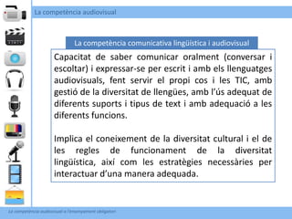 La competència audiovisual



                                La competència comunicativa lingüística i audiovisual
                      Capacitat de saber comunicar oralment (conversar i
                      escoltar) i expressar-se per escrit i amb els llenguatges
                      audiovisuals, fent servir el propi cos i les TIC, amb
                      gestió de la diversitat de llengües, amb l’ús adequat de
                      diferents suports i tipus de text i amb adequació a les
                      diferents funcions.

                      Implica el coneixement de la diversitat cultural i el de
                      les regles de funcionament de la diversitat
                      lingüística, així com les estratègies necessàries per
                      interactuar d’una manera adequada.


La competència audiovisual a l’ensenyament obligatori
 