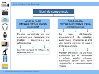 La competència audiovisual


                                                    Nivell de competència

                             Àmbit personal                                Àmbit operatiu
                       Interacció entre emotivitat i               Interacció entre lectura crítica i
                               racionalitat                               expressió creativa

                    Prendre consciència de les                    Ser      capaç       d’interpretar
                    emocions que exerceixen les                   adequadament els missatges
                    imatges i convertir-les en                    audiovisuals i d’expressar-se amb
                    reflexió crítica                              una mínima correció en aquest
                                                                  àmbit comunicatiu.
                    Convertir l’emoció en reflexió i la
                    reflexió en emoció                            Analitzar críticament els productes
                                                                  audiovisuals que es consumeixen
                                                                  i,   alhora,     produir  missatges
                                                                  audiovisuals senzills que siguin
                                                                  comprensibles i comunicativament
                                                                  eficaços

La competència audiovisual a l’ensenyament obligatori
 
