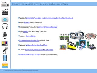 Recursos per treballar la competència audiovisual a l’aula




                      Web del seminari d’educació en comunicació audiovisual de Barcelona

                      EscolaRosella de Viladecavalls

                      Propostespertreballar la competència audiovisual

                      Web Media del Ministerid’Educació

                      Web de Carme Barba

                      Alfabetització audiovisual ambYouTube

                      Web de Mitjans Audiovisuals a l’Aula

                      E-bookDigital storytelling tools for educators

                      Using Animation in Schools. A practical Handbook




La competència audiovisual a l’ensenyament obligatori
 