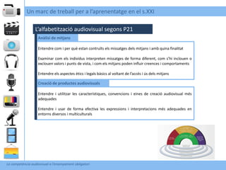 Un marc de treball per a l’aprenentatge en el s.XXI

                  L’alfabetització audiovisual segons P21
                    Anàlisi de mitjans

                    Entendre com i per què estan contruïts els missatges dels mitjans i amb quina finalitat

                    Examinar com els individus interpreten missatges de forma diferent, com s’hi inclouen o
                    exclouen valors i punts de vista, i com els mitjans poden influir creences i comportaments

                    Entendre els aspectes ètics i legals bàsics al voltant de l’accés i ús dels mitjans

                    Creació de productes audiovisuals

                    Entendre i utilitzar les característiques, convencions i eines de creació audiovisual més
                    adequades

                    Entendre i usar de forma efectiva les expressions i interpretacions més adequades en
                    entorns diversos i multiculturals




La competència audiovisual a l’ensenyament obligatori
 