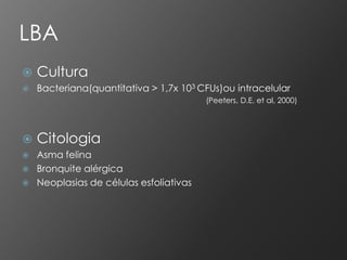 LBA
   Cultura
   Bacteriana(quantitativa > 1,7x 103 CFUs)ou intracelular
                                         (Peeters, D.E. et al, 2000)




   Citologia
   Asma felina
   Bronquite alérgica
   Neoplasias de células esfoliativas
 
