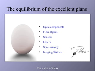 The equilibrium of the excellent plans


               ●
                   Optic components
               ●
                   Fiber Optics
               ●
                   Sensors
               ●
                   Lasers
               ●
                   Spectroscopy
               ●
                   Imaging Sistems




              The value of ideas
 