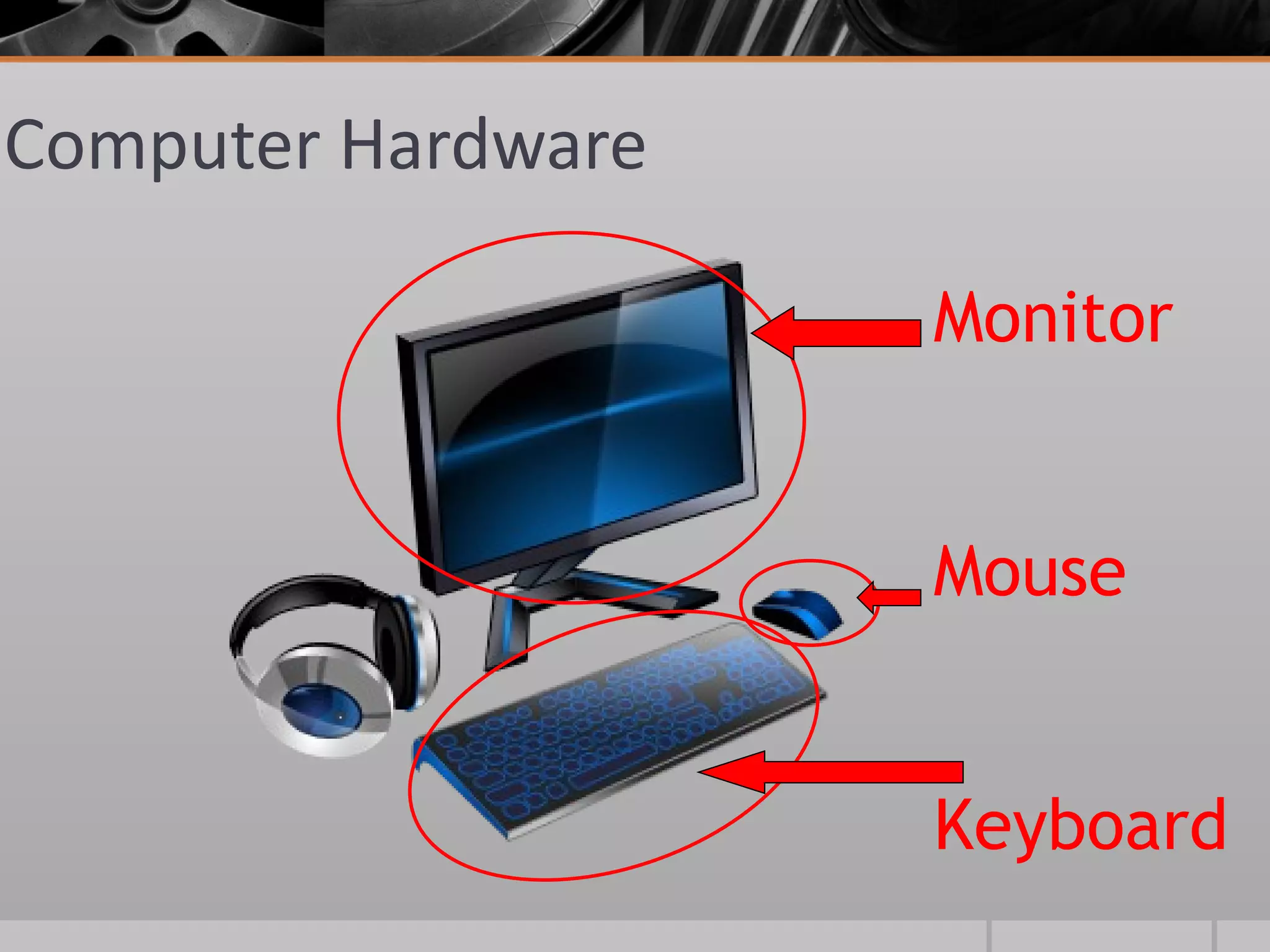 Computer Hardware

                    Monitor


                    Mouse


                    Keyboard
 