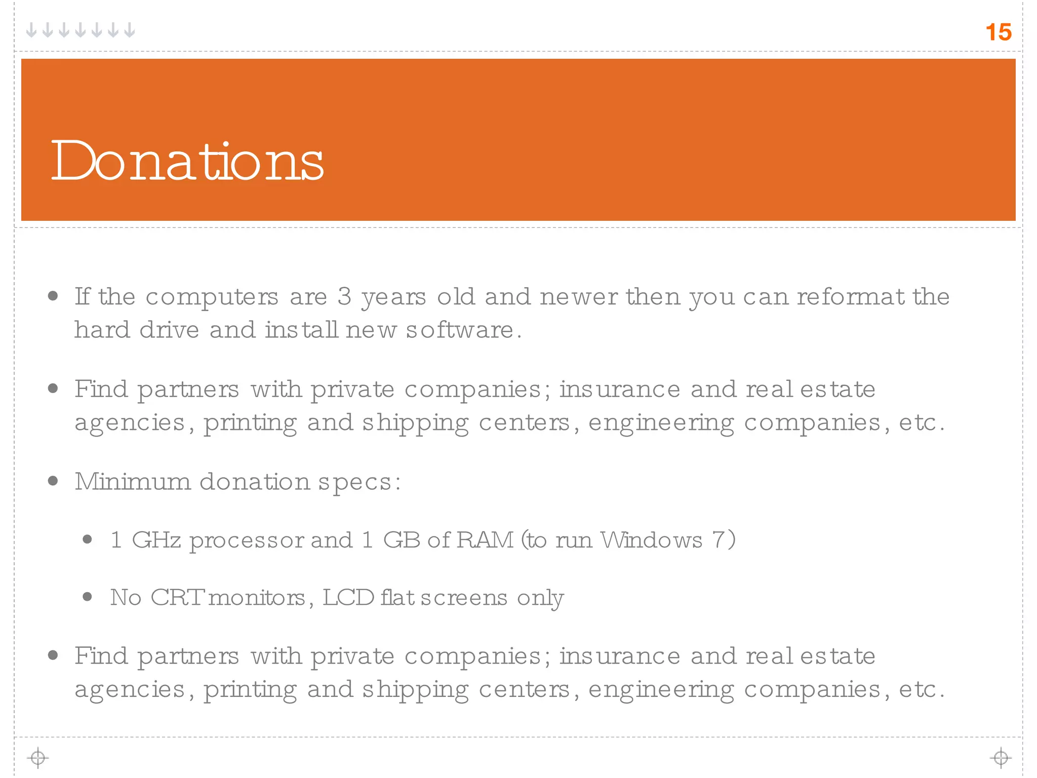 Donations If the computers are 3 years old and newer then you can reformat the hard drive and install new software. Find partners with private companies; insurance and real estate agencies, printing and shipping centers, engineering companies, etc. Minimum donation specs: 1 GHz processor and 1 GB of RAM (to run Windows 7) No CRT monitors, LCD flat screens only Find partners with private companies; insurance and real estate agencies, printing and shipping centers, engineering companies, etc. 