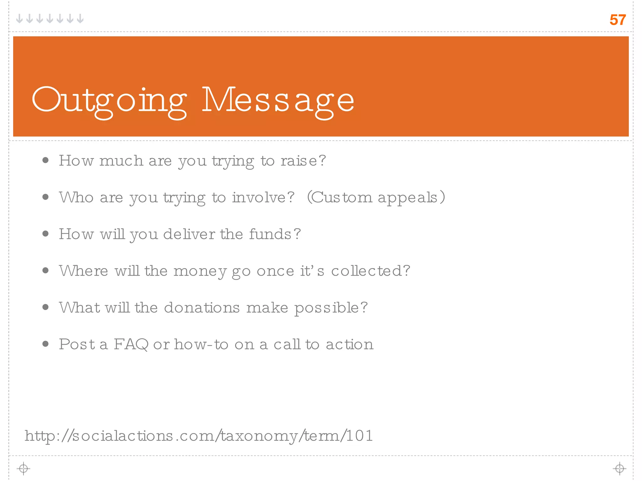 Outgoing Message How much are you trying to raise? Who are you trying to involve?  (Custom appeals) How will you deliver the funds? Where will the money go once it’s collected? What will the donations make possible? Post a FAQ or how-to on a call to action http://socialactions.com/taxonomy/term/101 