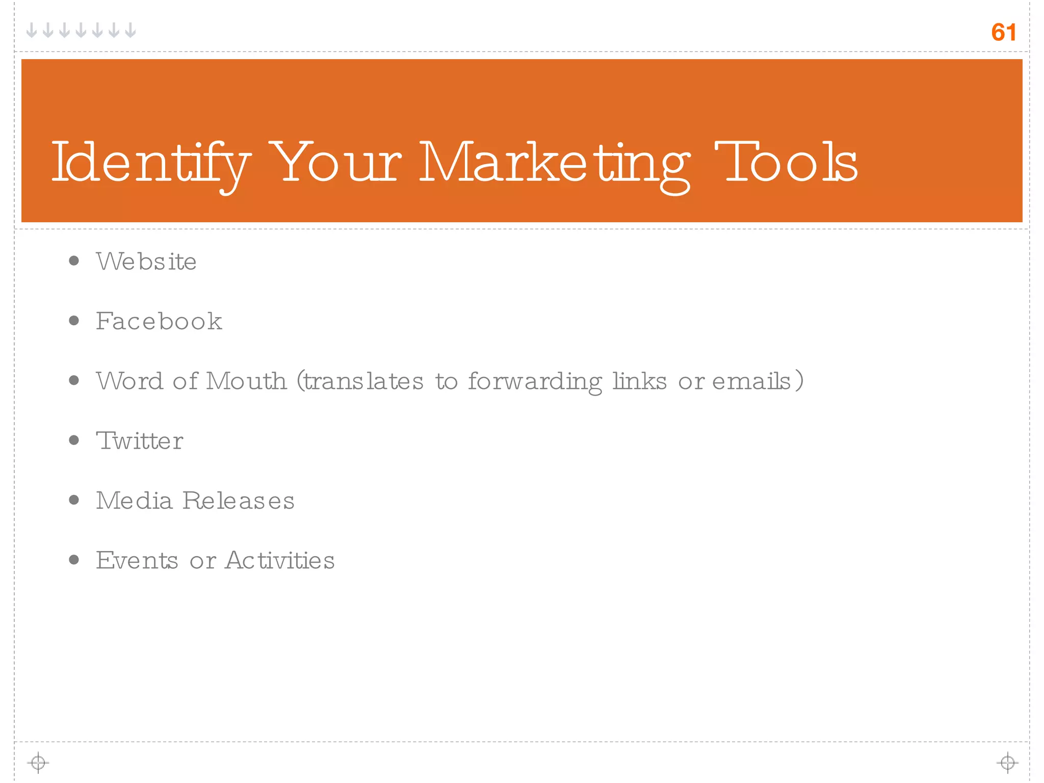 Identify Your Marketing Tools Website Facebook Word of Mouth (translates to forwarding links or emails) Twitter Media Releases Events or Activities 