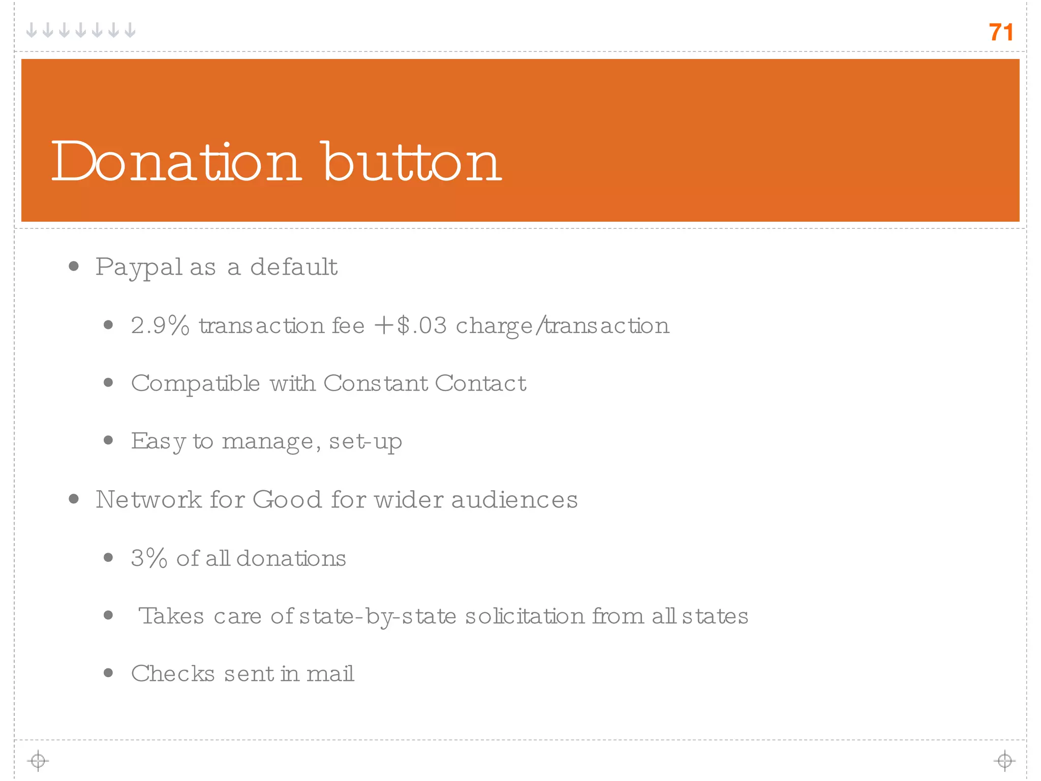 Donation button Paypal as a default 2.9% transaction fee + $.03 charge/transaction Compatible with Constant Contact Easy to manage, set-up Network for Good for wider audiences 3% of all donations Takes care of state-by-state solicitation from all states Checks sent in mail 