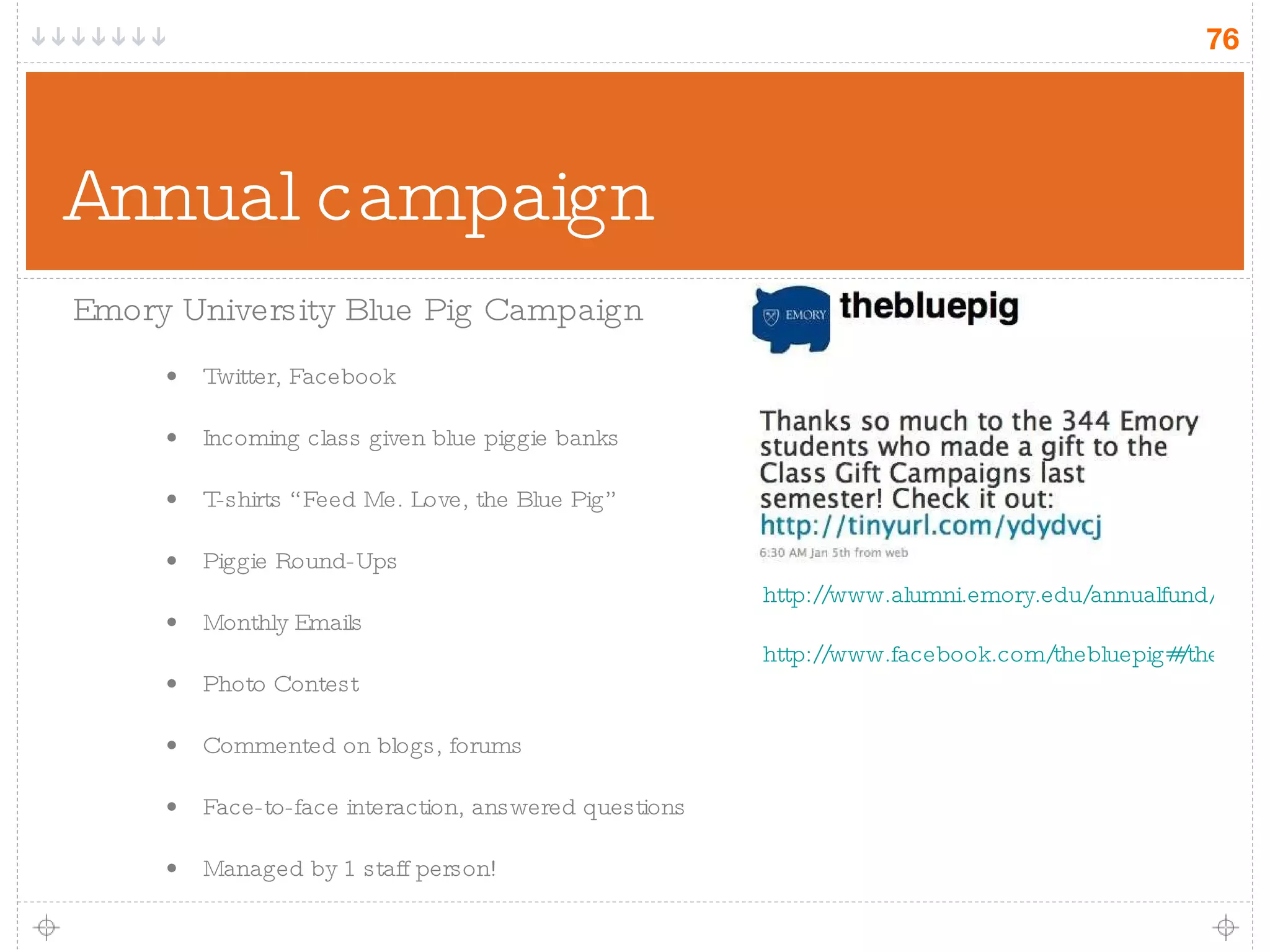 Annual campaign Emory University Blue Pig Campaign Twitter, Facebook Incoming class given blue piggie banks T-shirts “Feed Me. Love, the Blue Pig” Piggie Round-Ups Monthly Emails Photo Contest Commented on blogs, forums Face-to-face interaction, answered questions Managed by 1 staff person! http://www.alumni.emory.edu/annualfund/piggybank.php?section=fund&sub=programs http://www.facebook.com/thebluepig#/thebluepig?v=wall 