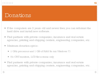 Donations If the computers are 3 years old and newer then you can reformat the hard drive and install new software. Find partners with private companies; insurance and real estate agencies, printing and shipping centers, engineering companies, etc. Minimum donation specs: 1 GHz processor and 1 GB of RAM (to run Windows 7) No CRT monitors, LCD flat screens only Find partners with private companies; insurance and real estate agencies, printing and shipping centers, engineering companies, etc. 