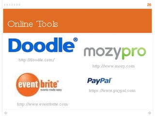 Online Tools http://doodle.com/ http://www.mozy.com http://www.eventbrite.com https://www.paypal.com 