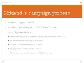 Kirkland’s campaign process Identified target audience Identified fundraising goal of $30,000 in 6 weeks Facebook page set-up Invited original supporters, businesses, groups, and media to become a “FAN” Repeat process through CAUSES application Created EVENTS and invited FANS to attend Daily updates on WALL to continue interest Thanked supporters and businesses on WALL, link to sites 