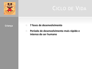CICLO DE VIDA
 7 fases de desenvolvimento
 Período de desenvolvimento mais rápido e
intenso do ser humano
Criança
 