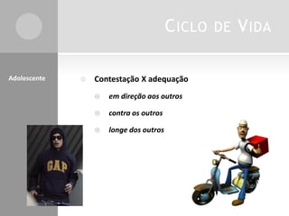 CICLO DE VIDA
 Contestação X adequação
 em direção aos outros
 contra os outros
 longe dos outros
Adolescente
 