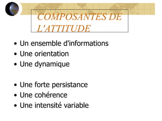 COMPOSANTES DE
L'ATTITUDE
• Un ensemble d'informations
• Une orientation
• Une dynamique
• Une forte persistance
• Une cohérence
• Une intensité variable
 