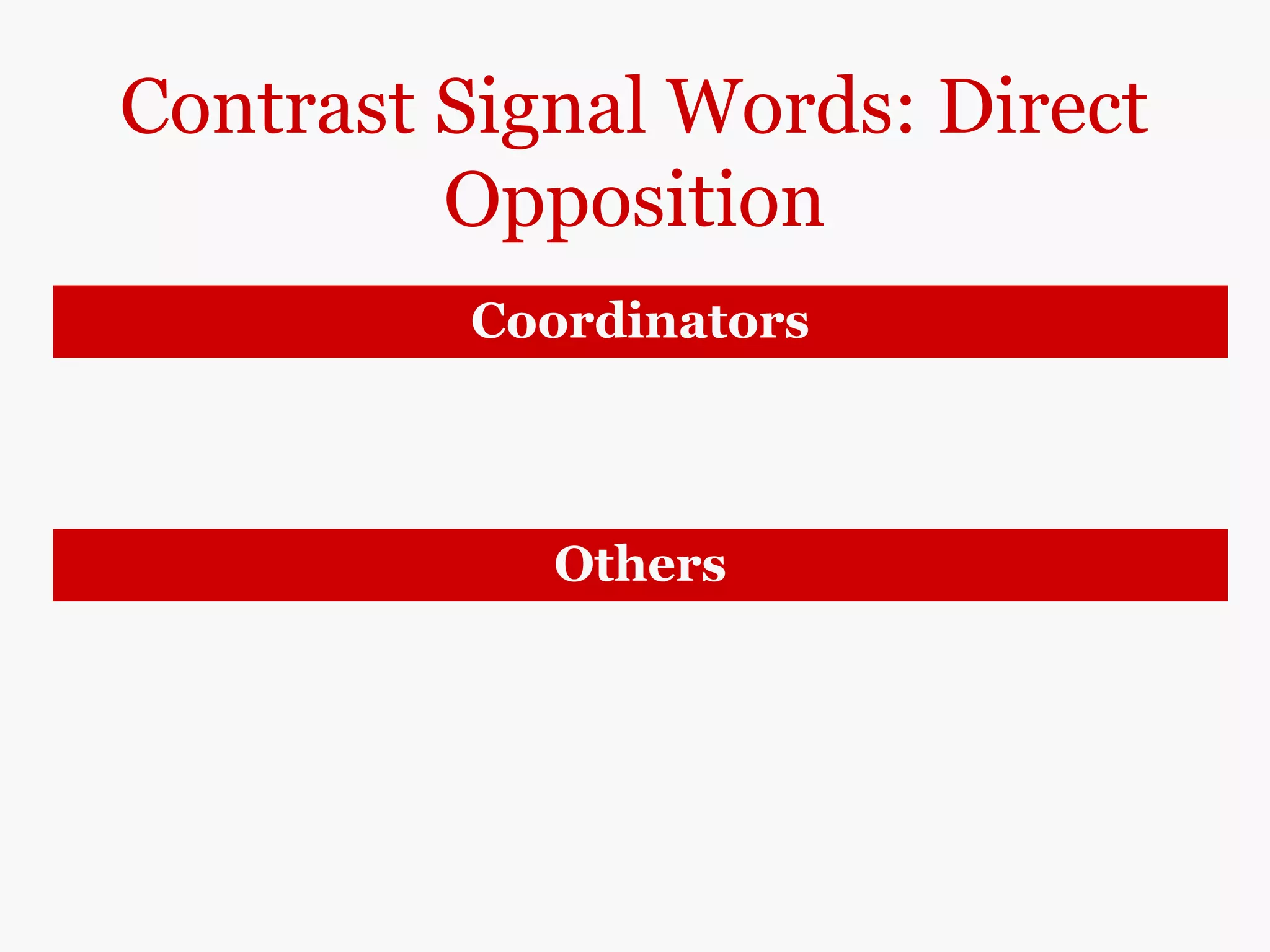 Contrast Signal Words: Direct
Opposition
Coordinators
but Jazz music was born in the southern part of the
United States, but it now enjoys a worldwide
audience.
Others
differ (from)
compared (to/with)
Present-day rock music differs from early rock
music in several ways.
Present-day rock music has a harder sound
compared to/ compared with early rock.
 