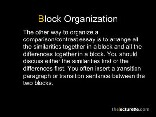 Block Organization
The other way to organize a
comparison/contrast essay is to arrange all
the similarities together in a block and all the
differences together in a block. You should
discuss either the similarities first or the
differences first. You often insert a transition
paragraph or transition sentence between the
two blocks.
 
