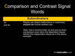Comparison and Contrast Signal
Words
Subordinators
as
just as
Robots can detect malfunctions in machinery,
as/just as human workers can.
Note: Use a comma when as and just as show
comparison even when the dependent clause
follows the independent clause as in the above
example.
 