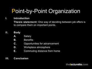 Point-by-Point Organization
I. Introduction
Thesis statement: One way of deciding between job offers is
to compare them on important points.
II. Body
A. Salary
B. Benefits
C. Opportunities for advancement
D. Workplace atmosphere
E. Commuting distance from home
III. Conclusion
 