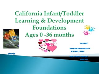 California Infant/Toddler Learning & Development Foundations Ages 0 -36 months                                                                                                                               Desiree’ Herring Brandman University  					                        Walnut Creek Campus 						    Pro. Randy Depew                                                                                                                                EDUU 451 