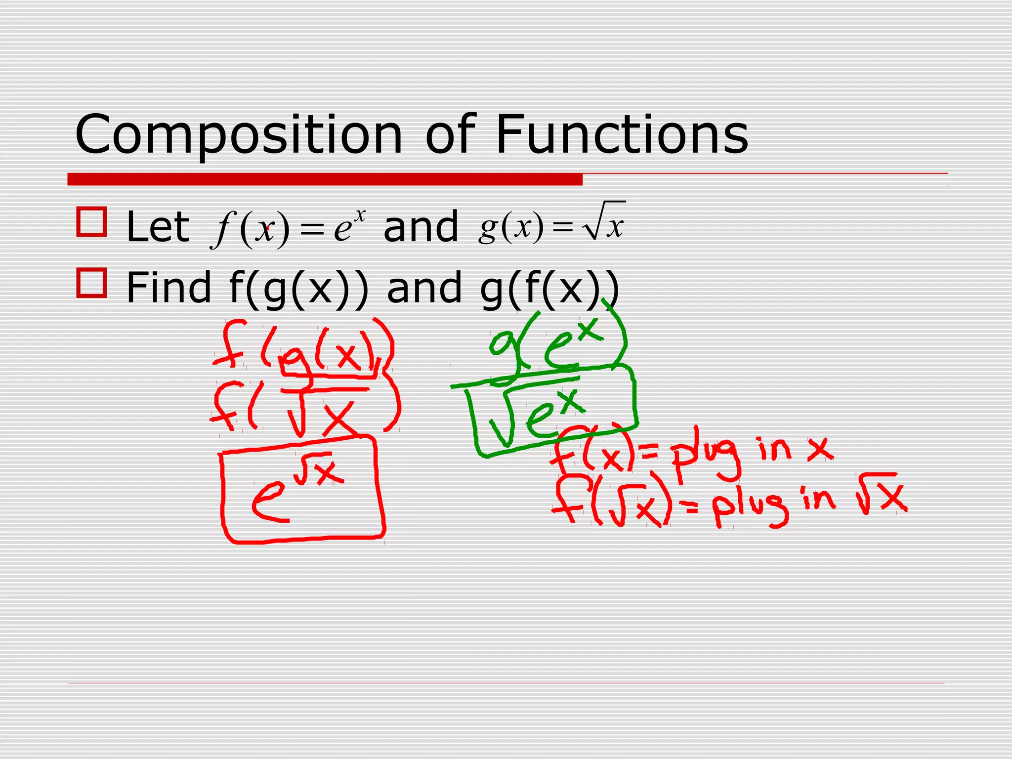 Composition of Functions
Let and
Find f(g(x)) and g(f(x))
( ) x
f x e= ( )g x x=