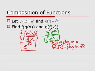Composition of Functions
 Let and
 Find f(g(x)) and g(f(x))
( ) x
f x e= ( )g x x=
 