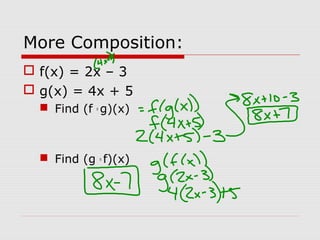 More Composition:
 f(x) = 2x – 3
 g(x) = 4x + 5
 Find (f o
g)(x)
 Find (g o
f)(x)
 