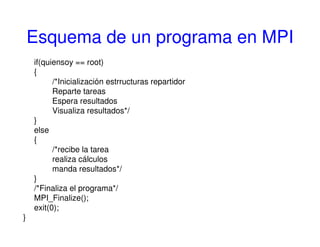 Esquema de un programa en MPI
if(quiensoy == root)
{
/*Inicialización estrructuras repartidor
Reparte tareas
Espera resultados
Visualiza resultados*/
}
else
{
/*recibe la tarea
realiza cálculos
manda resultados*/
}
/*Finaliza el programa*/
MPI_Finalize();
exit(0);
}
 