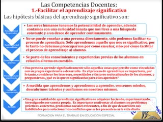 Las Competencias Docentes:
            1.-Facilitar el aprendizaje significativo
Las hipótesis básicas del aprendizaje significativo son:
                   • Los seres humanos tenemos la potencialidad de aprender, además
Potencialidad
                     contamos con una curiosidad innata que nos lleva a una búsqueda
 de aprender         constante y a un deseo de aprender continuamente.
                   • No se puede enseñar a una persona directamente, sólo podemos facilitar su
                     proceso de aprendizaje. Sólo aprendemos aquello que nos es significativo, por
Facilitación del
 aprendizaje         lo tanto no debemos preocuparnos por cómo enseñar, sino por cómo facilitar
                     el proceso de aprendizaje al alumno.
                   • Se parte de los conocimientos y experiencias previas de los alumnos en
Conocimientos
   previos
                     relación al tema en cuestión.
                   • Una persona aprende significativamente sólo aquellas cosas que percibe como vinculadas
                     con su propia experiencia o desarrollo. En el proceso de aprendizaje es importante, por
Vinculación con      lo tanto, considerar los intereses, necesidades y factores socioculturales de los alumnos, y
  experiencia        preguntarnos ¿qué es lo que es significativo para ellos aprender?

                   • A medida que aprendemos y aprendemos a aprender, vencemos miedos,
  Cambio en          descubrimos talentos y confiamos en nosotros mismos.
 autoconcepto


                   • Una gran cantidad de aprendizaje significativo se adquiere haciendo, experimentando,
                     investigando por cuenta propia. Es importante confrontar al alumno con problemas
    Acción           prácticos, concretos, problemas sociales relevantes, a fin de que desarrollen sus
                     habilidades para solucionar los conflictos que se les presenten en la vida diaria.
                             FORMACION PARA EL TRABAJO EN EDUCACIÓN ESPECIAL
 