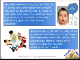 Aprender no es escuchar, sino descubrir, de
tal suerte que la educación es un proceso
constante de descubrimiento. El saber no
está fuera, en el maestro y los libros, sino en
la persona, en su capacidad de investigar,
descubrir y aplicar el conocimiento
adquirido.

                          El aprendizaje significativo es integral: no
                          es un conocimiento intelectual guiado por
                          el hemisferio izquierdo del cerebro, ni un
                          conocimiento afectivo, regido por el
                          hemisferio derecho; sino una
                          interrelación entre los dos.


             FORMACION PARA EL TRABAJO EN EDUCACIÓN ESPECIAL
 