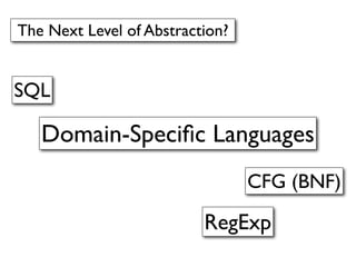 The Next Level of Abstraction?


SQL

   Domain-Speciﬁc Languages
                                 CFG (BNF)

                          RegExp
 