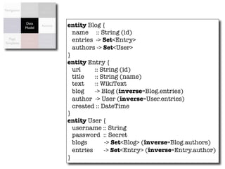 Access      Data
Navigation
             Control   Validation


  Forms
             Data
             Model
                        Actions     entity Blog {
                                      name :: String (id)
                        Object
  Page
Templates
              Data
             Binding
                       Relational     entries -> Set<Entry>
                        Mapping
                                      authors -> Set<User>
                                    }
                                    entity Entry {
                                      url     :: String (id)
                                      title   :: String (name)
                                      text    :: WikiText
                                      blog    -> Blog (inverse=Blog.entries)
                                      author -> User (inverse=User.entries)
                                      created :: DateTime
                                    }
                                    entity User {
                                      username :: String
                                      password :: Secret
                                      blogs       -> Set<Blog> (inverse=Blog.authors)
                                      entries     -> Set<Entry> (inverse=Entry.author)
                                    }
 