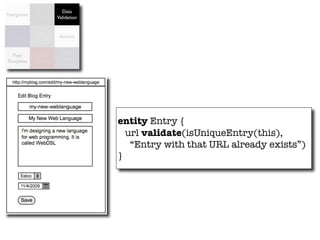 Access      Data
Navigation
             Control   Validation


             Data
  Forms                 Actions
             Model

                        Object
  Page        Data
                       Relational
Templates    Binding
                        Mapping




                                    entity Entry {
                                      url validate(isUniqueEntry(this),
                                       “Entry with that URL already exists”)
                                    }
 
