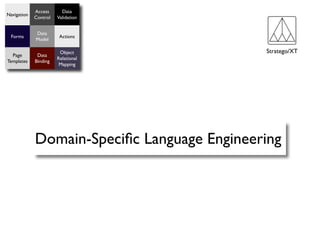 Access      Data
Navigation
             Control   Validation


             Data
  Forms                 Actions
             Model

                        Object               Stratego/XT
  Page        Data
                       Relational
Templates    Binding
                        Mapping




             Domain-Speciﬁc Language Engineering
 