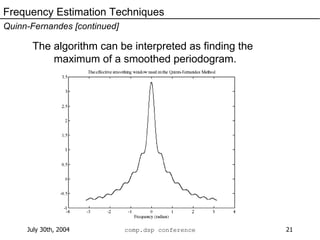 The algorithm can be interpreted as finding the maximum of a smoothed periodogram. Frequency Estimation Techniques Quinn-Fernandes [continued] 